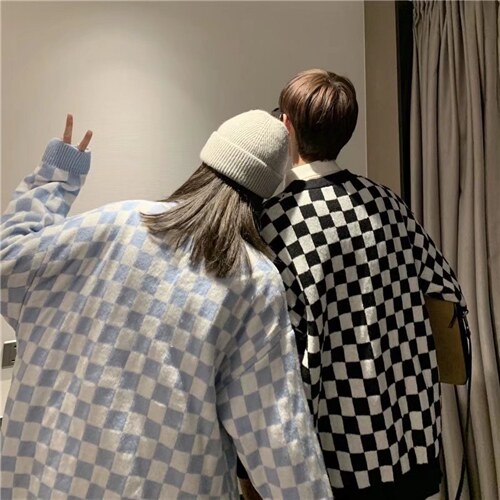 棋盘格毛衣外套春秋慵懒风V领格子针织X003P45图片