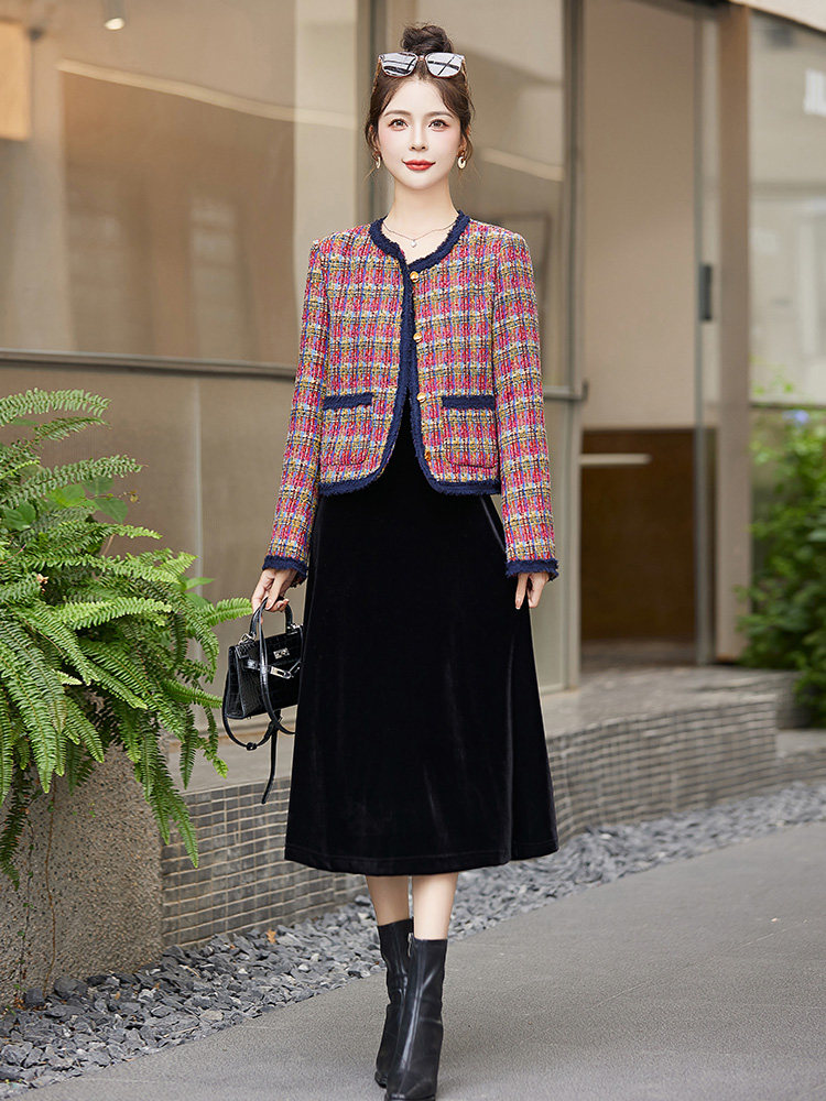 时尚小香风气质两件套连衣裙优雅显瘦长袖外套女秋冬季新款,女装套装/套裙,布芭啦