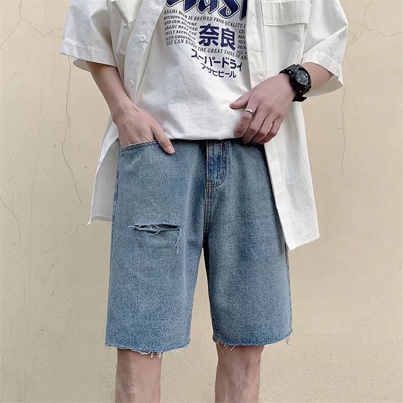 毛边牛仔短裤男宽松夏季破洞五分裤潮牌大裤衩薄款5分马裤F0222,男装牛仔裤,星座208-5