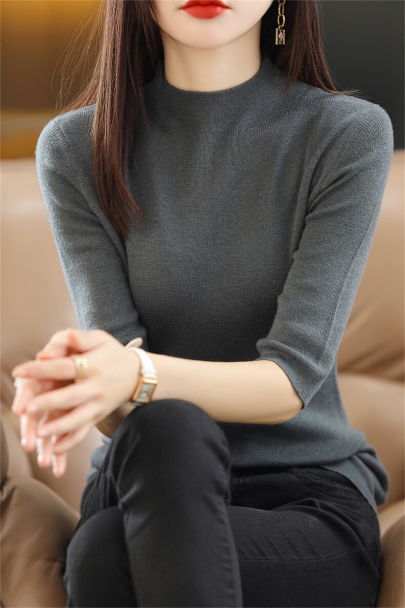 秋冬季通勤休闲内搭精纺48支33%羊毛1乘1半高中袖羊毛衫,女装羊毛衫,朝思羊绒