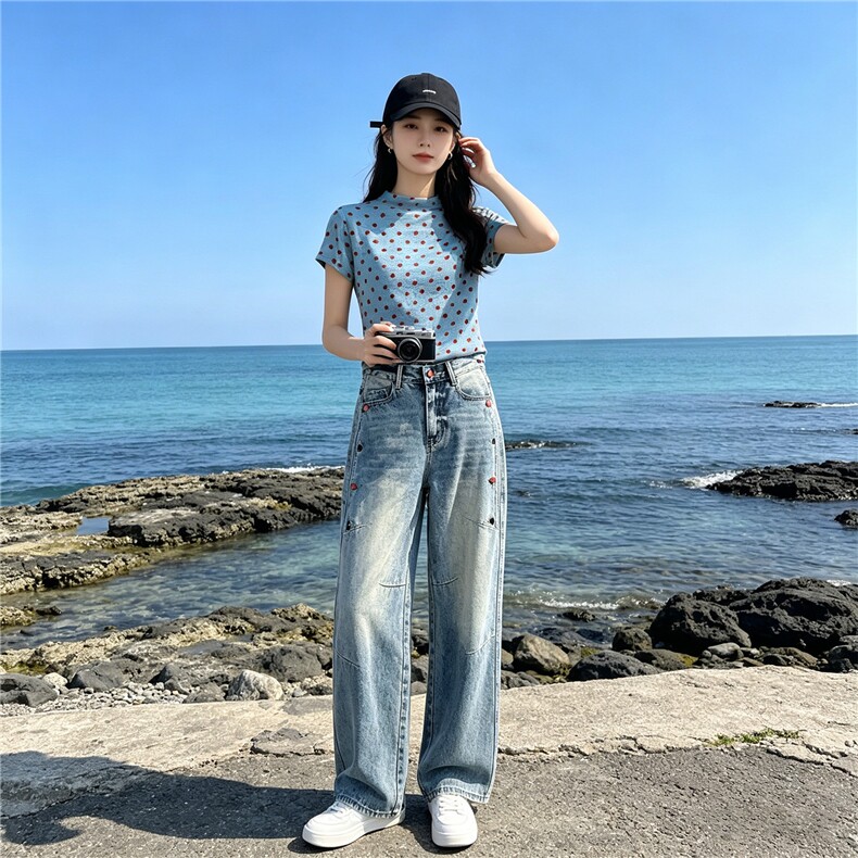 时尚休闲减龄套装女夏季新款波点短袖上衣高腰阔腿牛仔裤两件套潮,女装套装/套裙,江南