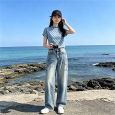 时尚休闲减龄套装女夏季新款波点短袖上衣高腰阔腿牛仔裤两件套潮，女装套装/套裙，江南