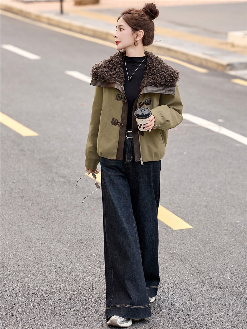 现货工装大翻领短款羽绒服女2026冬季新款加厚保暖派克服外套,女装羽绒服,美沁