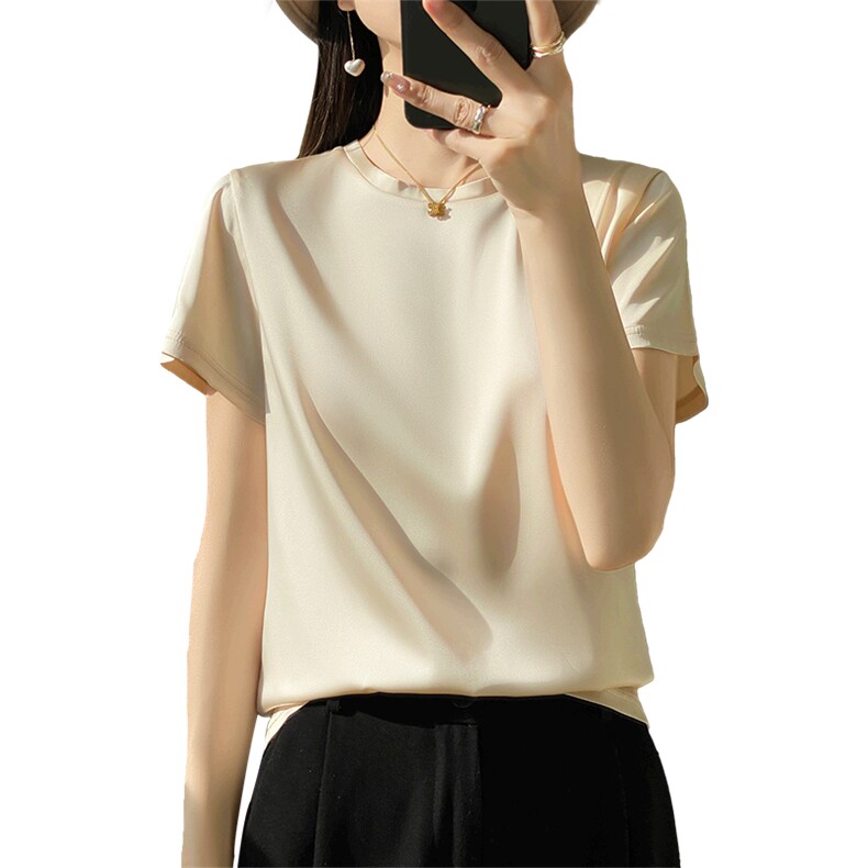 纯色圆领2024年夏季简约短袖套头气质衬衫,女装衬衫,绒宛羊绒