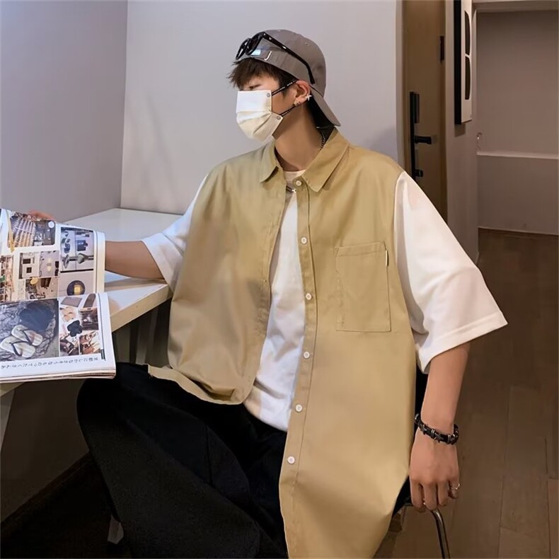 夏季日系男工装短袖衬衫痞帅高级感休闲假两件衬衣五分袖C311-P38,男装衬衫,星座1109-3