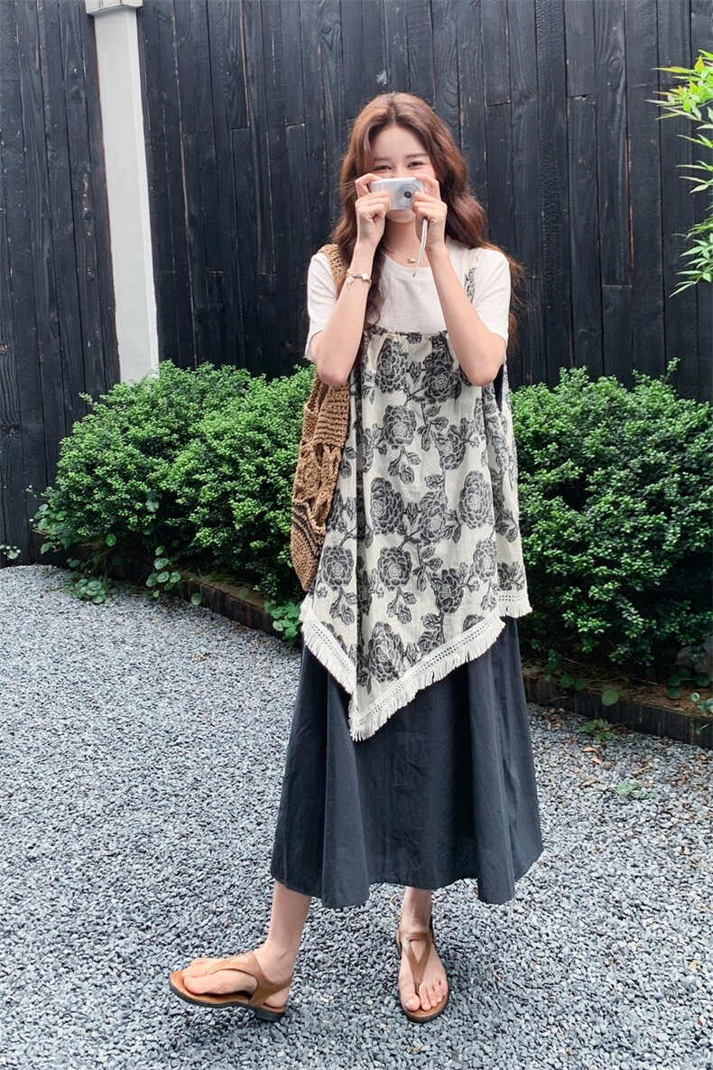 海边度假设计感拼接吊带裙套装女夏新款温柔甜美显瘦t恤两件套,女装套装/套裙,2C258