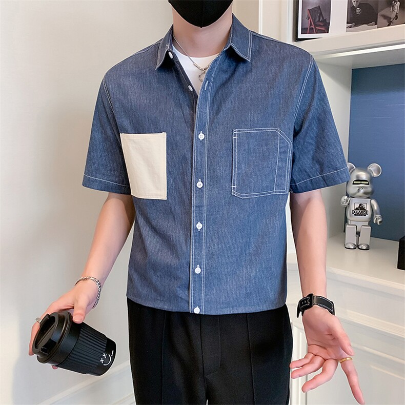 2025新款夏季牛仔衬衫男士短袖潮牌工装男士衬衣A313-1-W515-P58,男装T恤,电商A313-1
