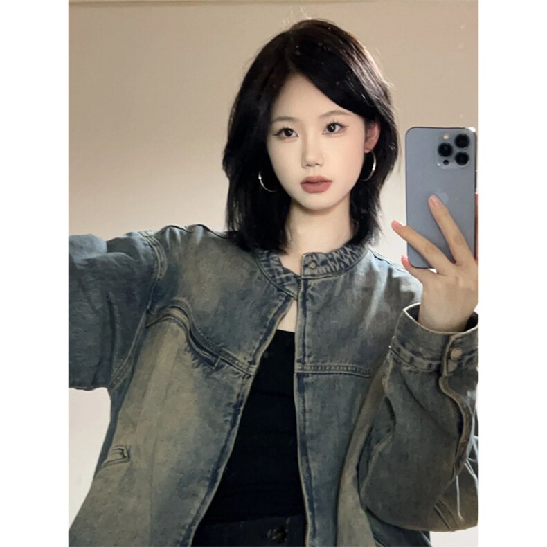 【有货】美式复古垫肩牛仔外套男女款高级感立领夹克JK05CC-特P68图片