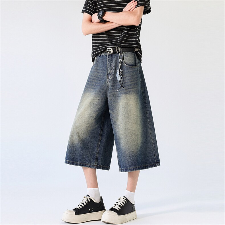 美式复古高腰宽松阔腿裤百搭垂感直筒七分裤牛仔裤K7007TP48，男装牛仔裤，电商D325