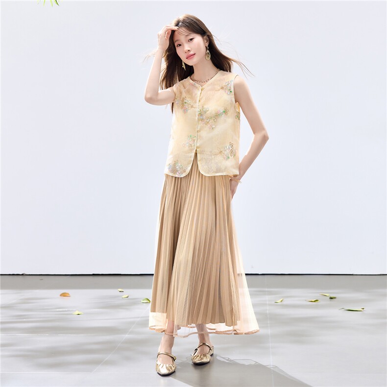 夏季新款现货！2026新中式重工洋气百搭款马甲+百褶半裙两件套女,女装套装/套裙,宝儿家