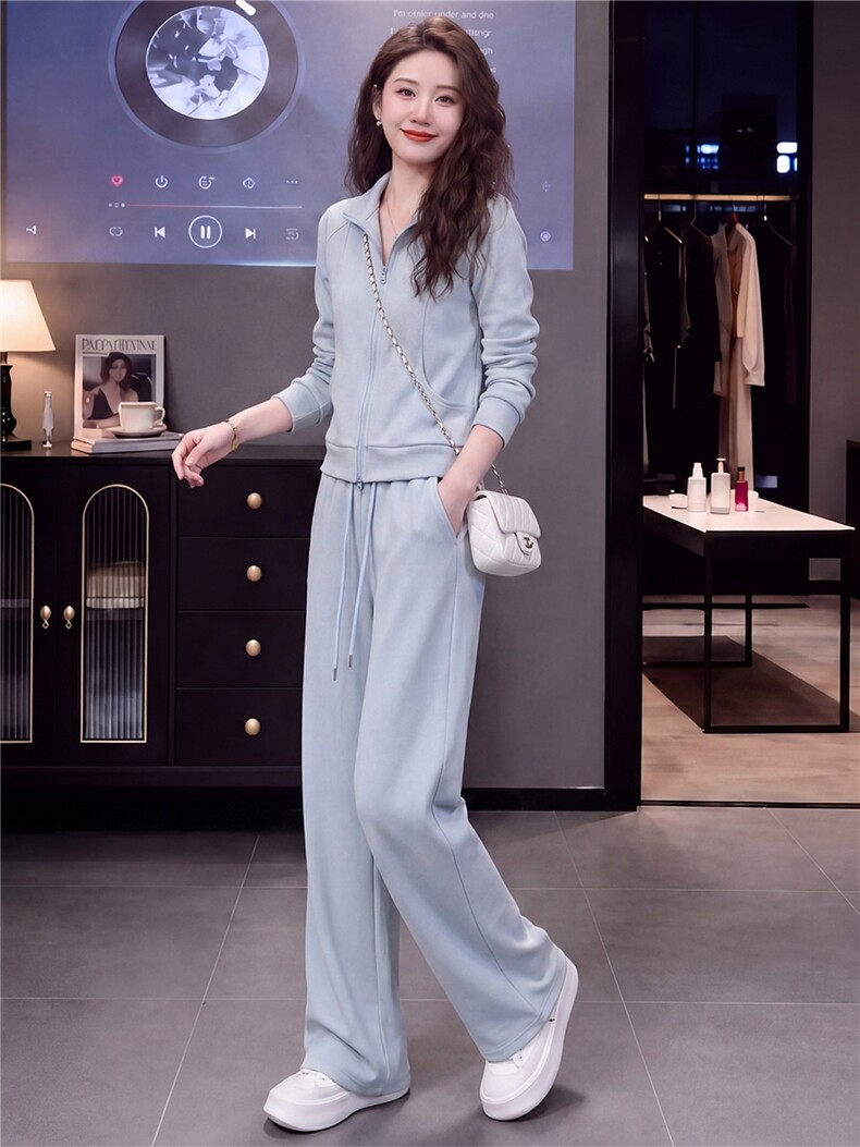 高级感时尚休闲运动服套装女春秋新款立领长袖卫衣阔腿长裤两件套,女装套装/套裙,江南