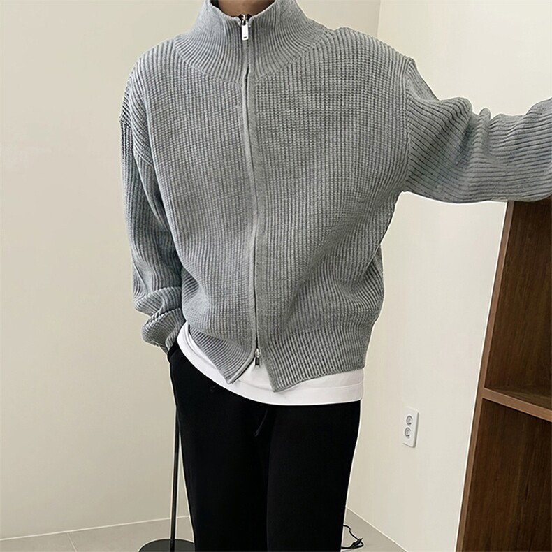 重磅秋冬北极绒双拉链毛衣开衫美式复古休闲慵懒风宽松针织衫外套,男装针织衫/毛衣,电商A486