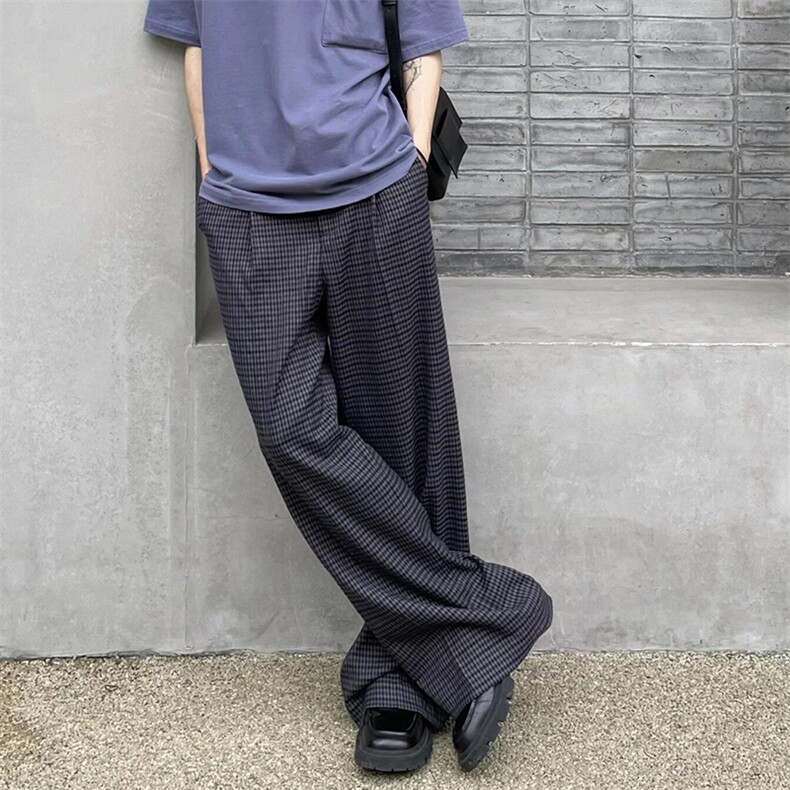 现货高品质老钱风美式弯刀阔腿裤薄款泡泡格纹男女长裤,男装休闲裤,星座610A-1
