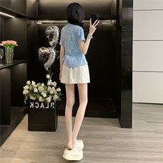韩版时尚休闲套装女夏季款圆领独特侧绑带晕染短袖蕾丝短裤两件套，女装套装/套裙，江南