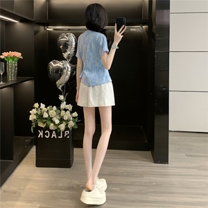 韩版时尚休闲套装女夏季款圆领独特侧绑带晕染短袖蕾丝短裤两件套图片