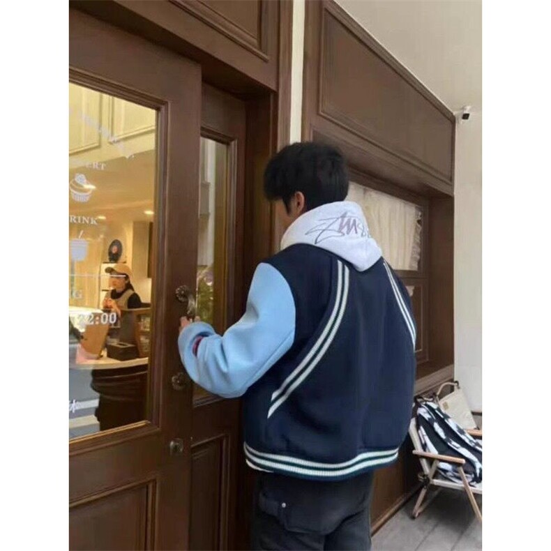 W9426-P75网图现货新款高街限定蓝袖短款拼接棒球服夹克外套,男装夹克,星座1608-2