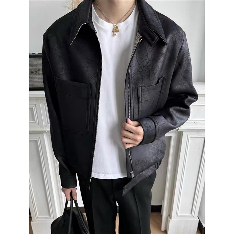 霜冻裂纹设计感PU皮猎装皮衣秋冬炸街Cleanfit短宽夹克，男装皮衣，星座218-1（原230）