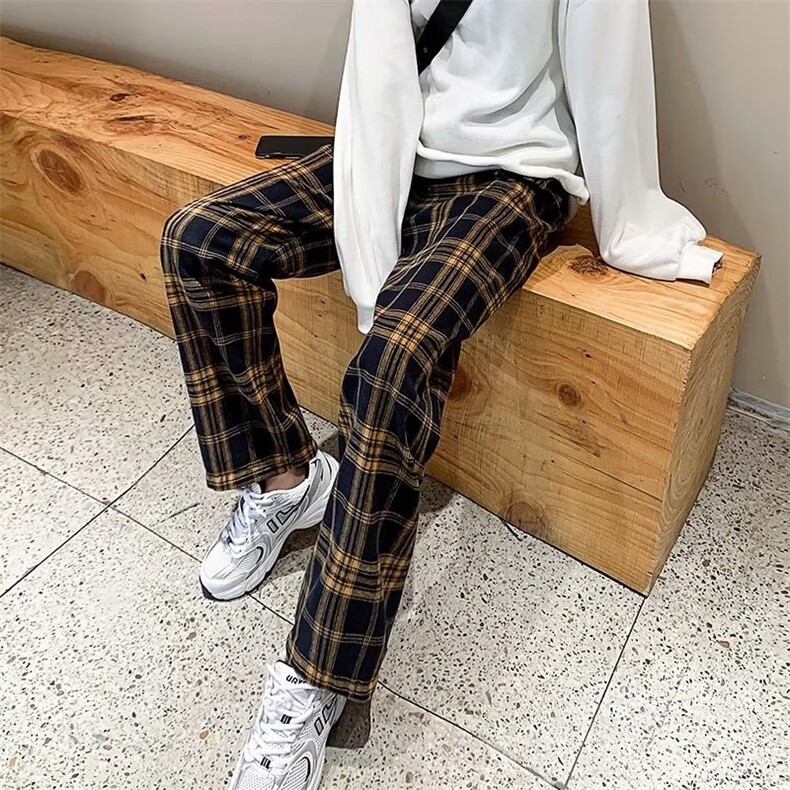 新款流行自然腰阔腿裤潮流百搭气质男女文艺休闲裤长裤格子P27,男装休闲裤,四季星座218-1