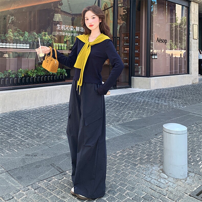 慵懒风撞色披肩长袖上衣工装阔腿裤两件套女2025秋季新款休闲套装,女装套装/套裙,纯色衣恋