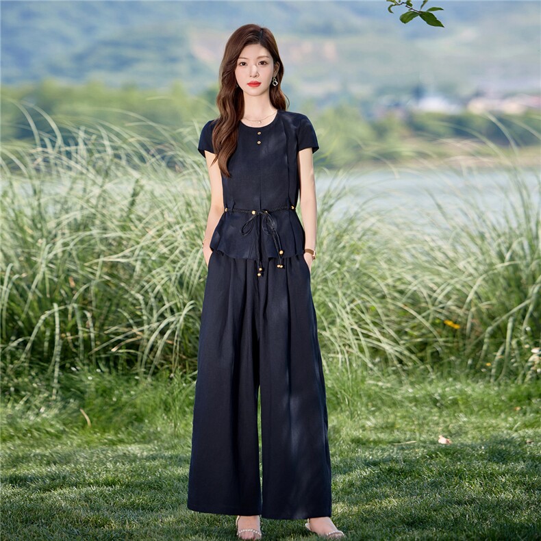 藏青色高级感时尚套装女2025夏季新款慵懒松弛感气质阔腿裤两件套,女装套装/套裙,欣品汇