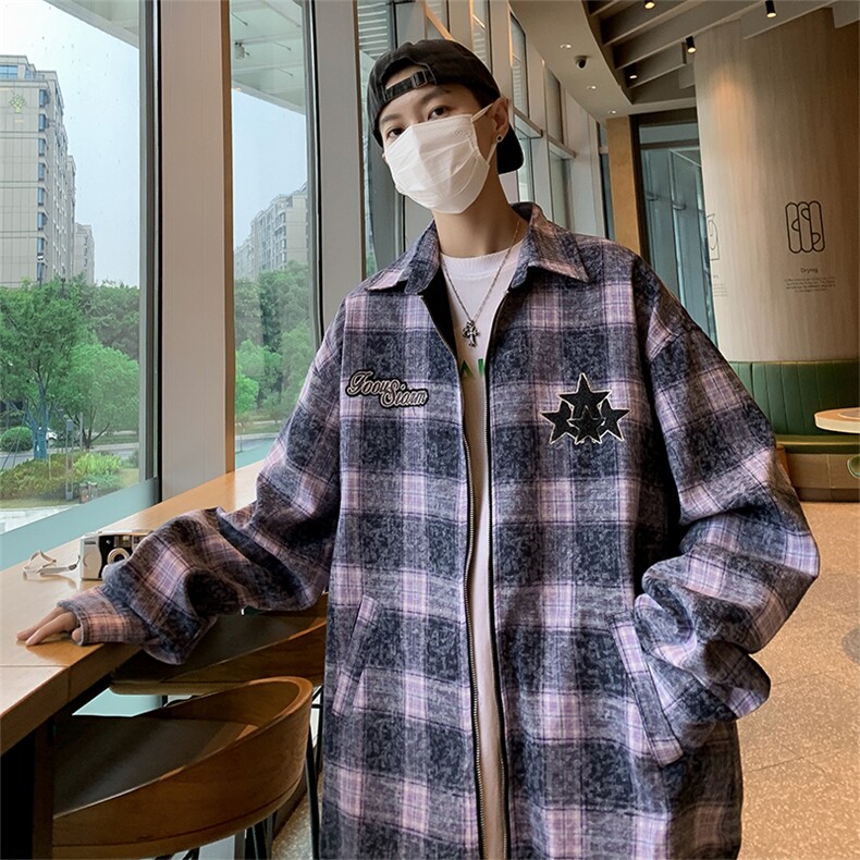美式高街字母刺绣格子夹克男长袖潮牌宽松休闲上衣JK09284-P70图片