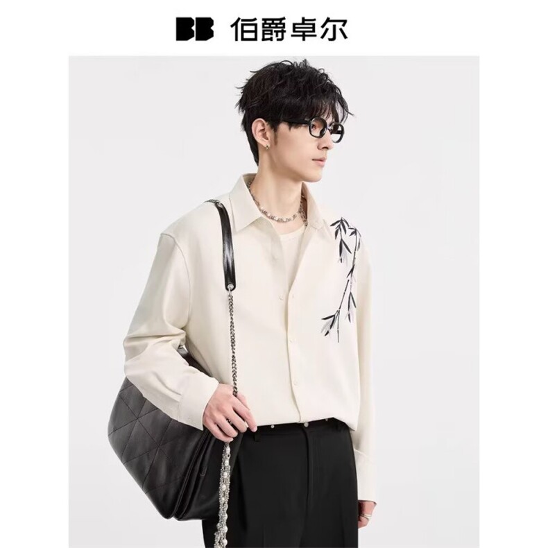 [006]男士长袖衬衫竹叶刺绣垂感痞帅休闲衬衣A079-C912-P38,男装衬衫,电商A079
