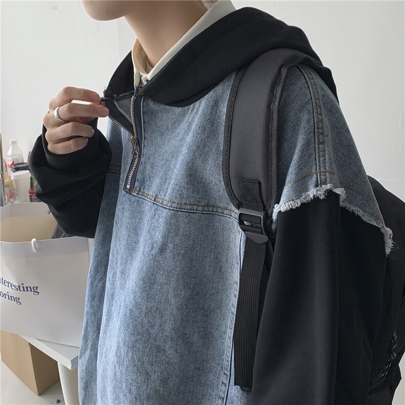 秋港风假两件卫衣拼牛仔连帽夹克外套休闲宽松百搭工装H201/P70，男装夹克，钱塘713