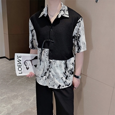 夏季新中式风水墨画假两件拼接痞帅短袖衬衫男宽松衬衣0905-P53，男装T恤，电商B267