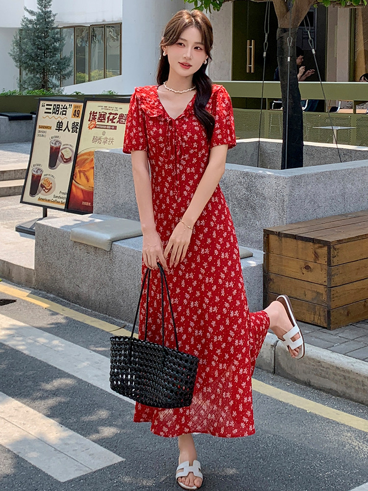 2025夏季新款法式复古彩花显瘦短袖气质优雅碎花韩系百搭连衣裙女,女装连衣裙,玖莱伊