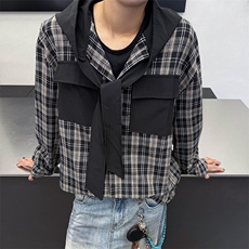春夏新品原创小众设计感连帽系带长袖衬衫男士拼接格纹长袖衬衣潮，男装衬衫，电商B319