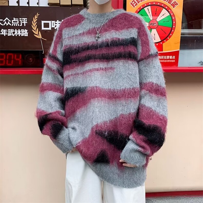 美式潮撞色条纹慵懒风男冬季宽松新款马海毛针织毛衣MZ053-P48图片