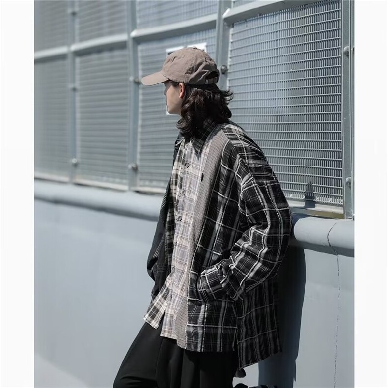潮拼接格子衬衫男长袖春秋潮牌日系复古情侣衬衣外套LS767P50,男装衬衫,星座1013-5