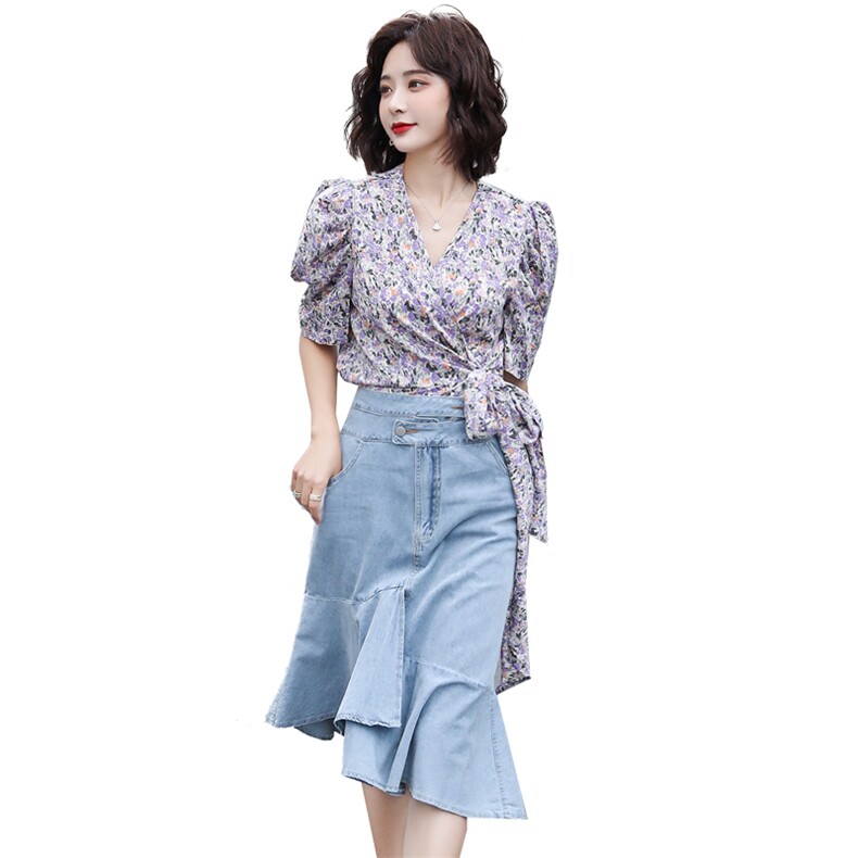 碎花半身裙牛仔套装女夏季2021新款女装韩版时尚网红两件套套裙潮,女装套装/套裙,瑶迪依秀