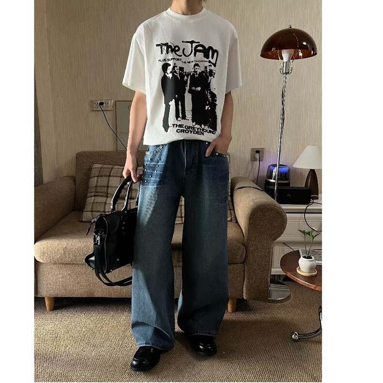 日系文艺新款长裤做旧铆钉闪电牛仔裤男女阔腿无品牌气质时尚潮流,男装牛仔裤,星座218-8