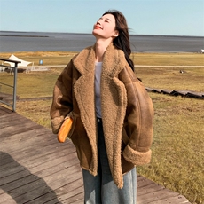 美拉德皮毛一体外套女2025冬季新款显瘦加厚机车服保暖羊羔毛上衣，女装毛呢外套，2B190
