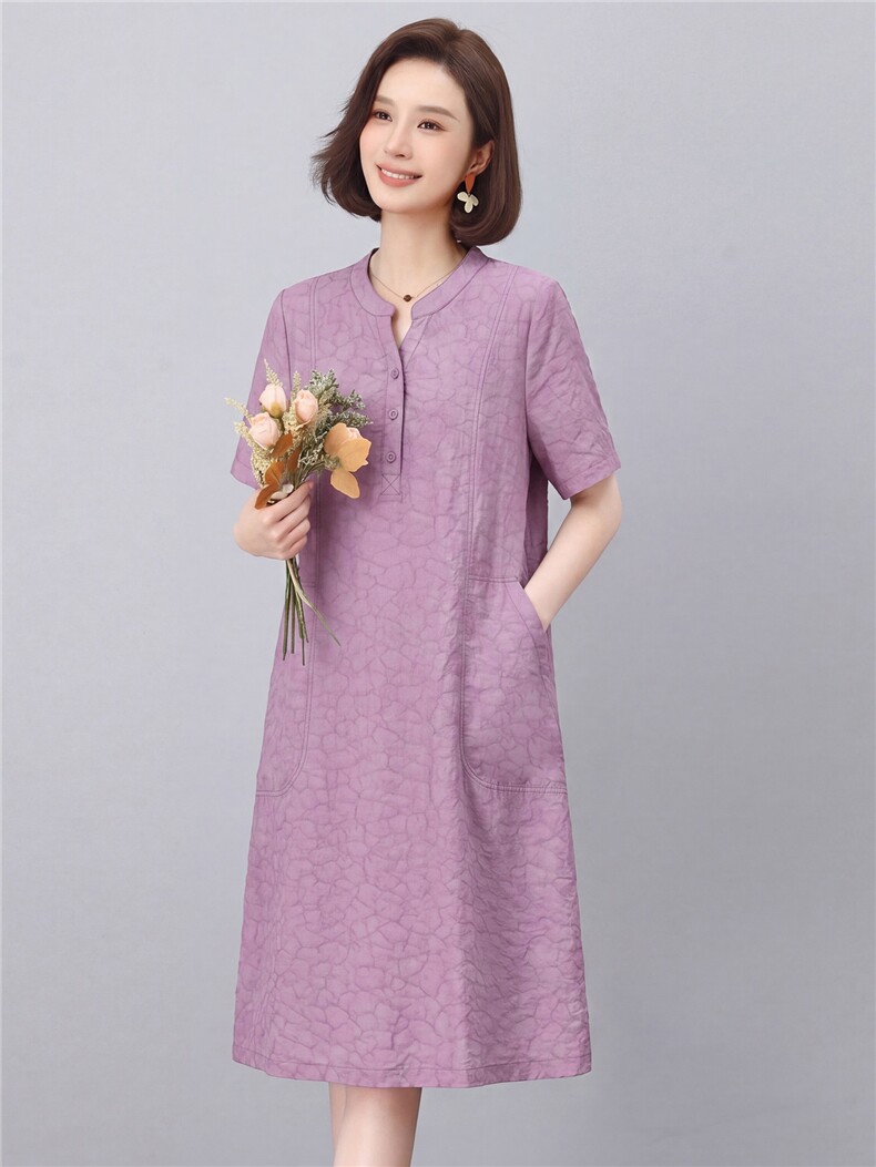 现货2026年夏季优雅大码天丝连衣裙女立领短袖显瘦口袋设计中长裙,女装连衣裙,鑫鑫格