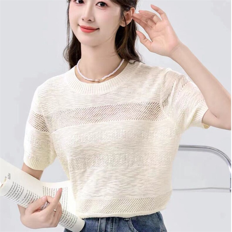 优雅气质浮雕镂空冰丝短袖T恤女夏季宽松薄款无袖背心上衣针织衫,针织衫/毛衣,萱芳婷羊绒