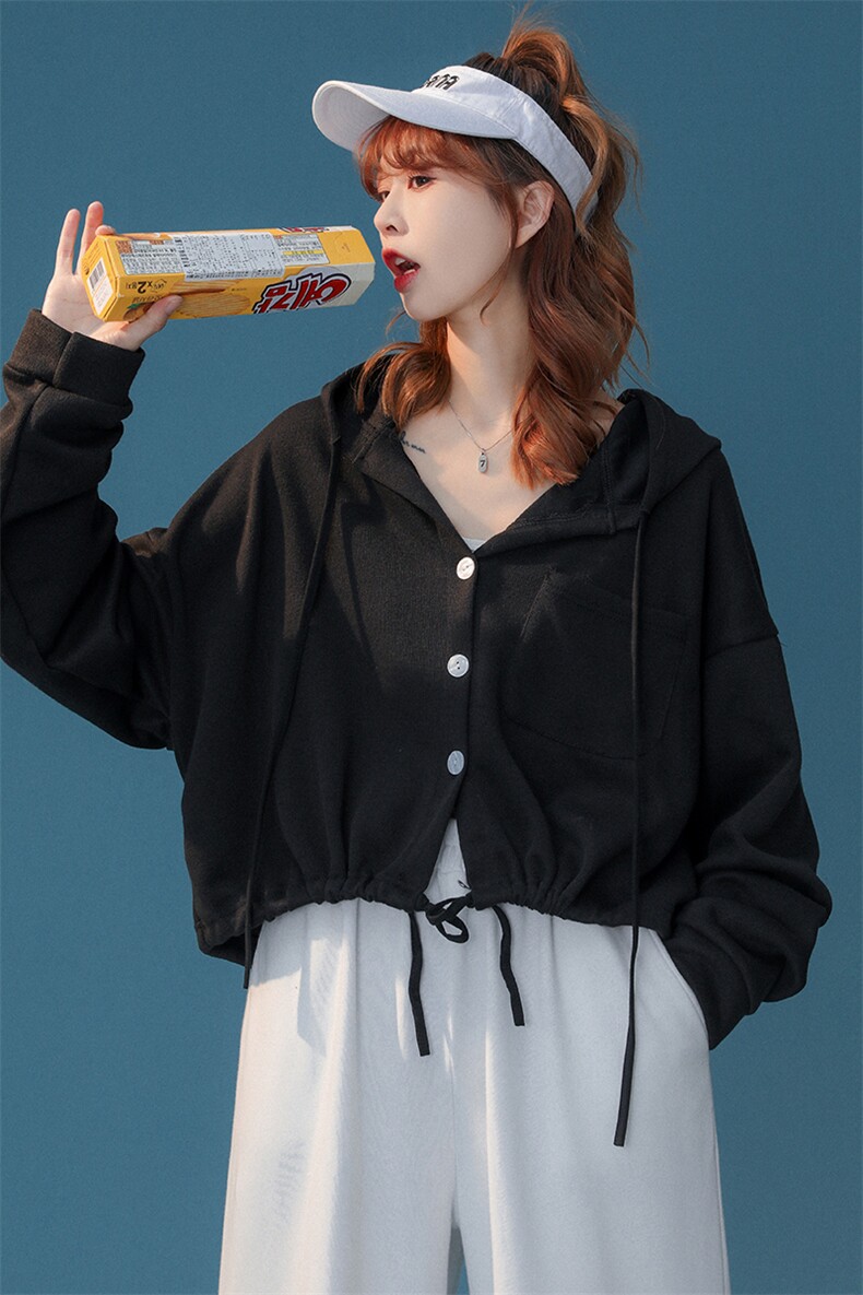 中性春夏潮流短款宽松口袋开衫抽绳卫衣外套P02P45控58,女装短外套,电商A268