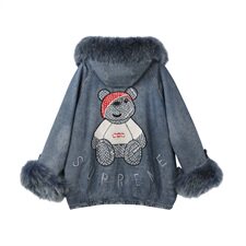 休闲牛仔派克加绒外套女2020冬季刺绣卡通大毛领外套，女装派克服，橙子家