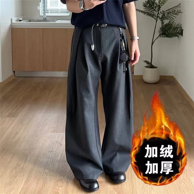 美式复古可调节腰带简约加绒西裤男女直筒cleanfit休闲裤子图片