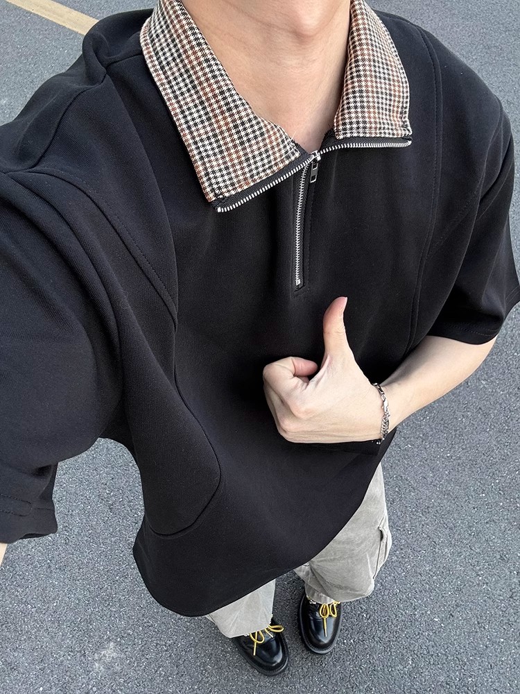 千鸟格拼接短袖polo衫男夏季老钱风重磅半袖t恤高级感痞帅五分袖,男装Polo衫,四季星座505