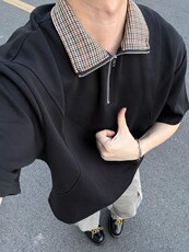 千鸟格拼接短袖polo衫男夏季老钱风重磅半袖t恤高级感痞帅五分袖，男装Polo衫，四季星座505