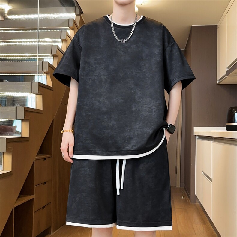 光版二开假两件休闲运动套装男T恤一套短裤A266-ZRBBTZ003-P50,男装休闲套装,电商A266