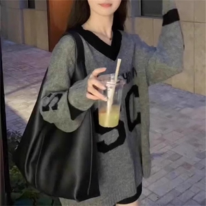 MM114-P65美式复古V领长袖撞色字母针织毛衣24新款宽松休闲上衣潮图片