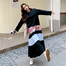 法式碎花拼接黑色连衣裙女春秋2025新款休闲气质卫衣裙爆款高级感，女装连衣裙，2C158