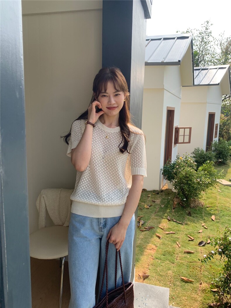 夏季新款短袖t恤女薄款圆领针织宽松百搭半袖上衣,女装T恤,斯尔特羊绒