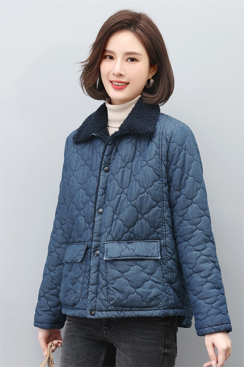 时尚女装牛仔拼接加绒外套宽松显瘦保暖棉服,女装棉衣/棉服,叶笙衣