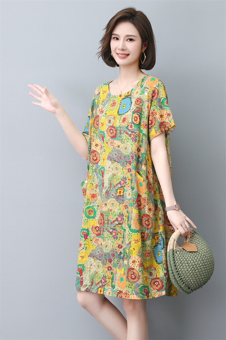 长期现货，碎花棉麻连衣裙女夏季2023新款复古高端宽松大码潮,女装连衣裙,涵誉