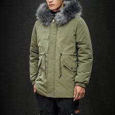 2019冬新日系大码男腰部抽绳中长款大毛领加厚棉衣M730-P130，男装棉衣，电商A001
