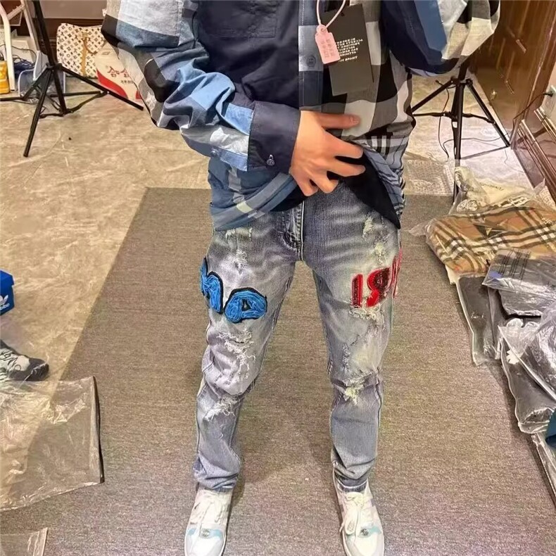 眼镜蛇刺绣破洞复古牛仔裤男款轻奢修身小脚弹力休闲双拼色长裤子,男装牛仔裤,星座506A